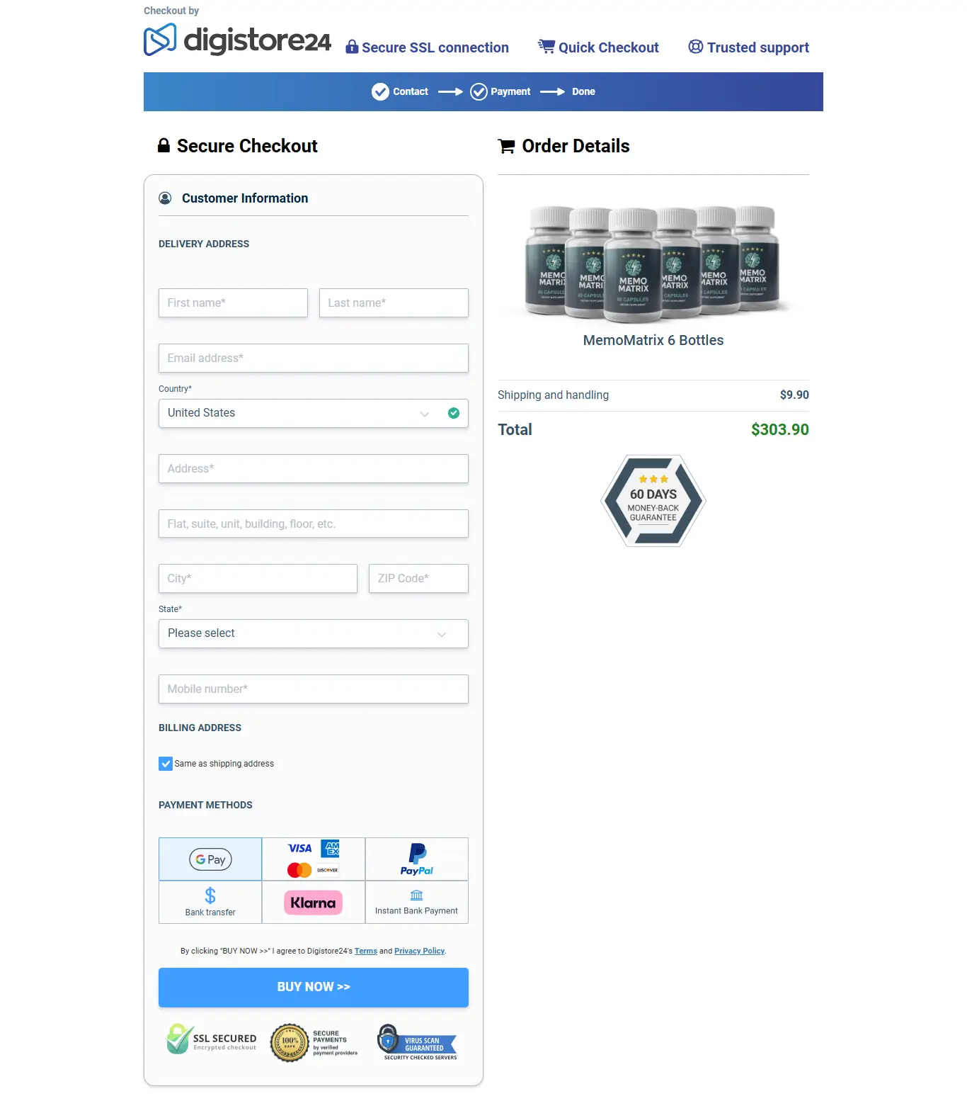 Memo Matrix Payment Screen
